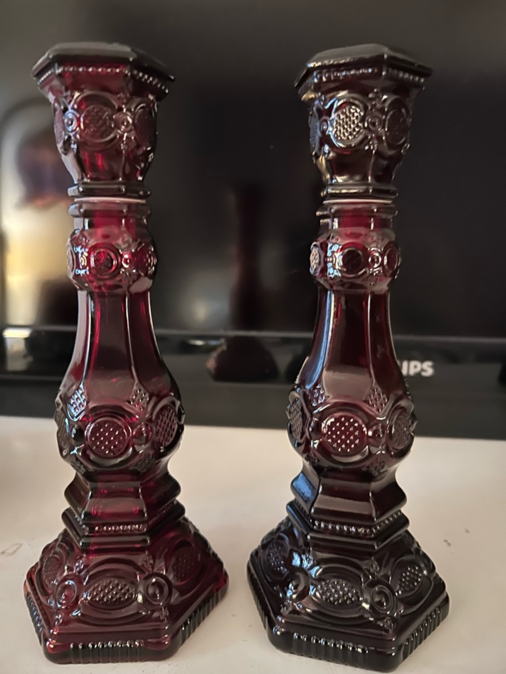Deep Ruby Glass Candlestick Pair - Vintage-Style Home Accents